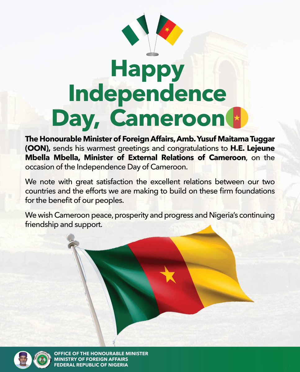YusufTuggar's tweet photo. Happy Independence Day, Cameroon!
🇳🇬🤝🇨🇲 https://t.co/7tdjaEbn5L