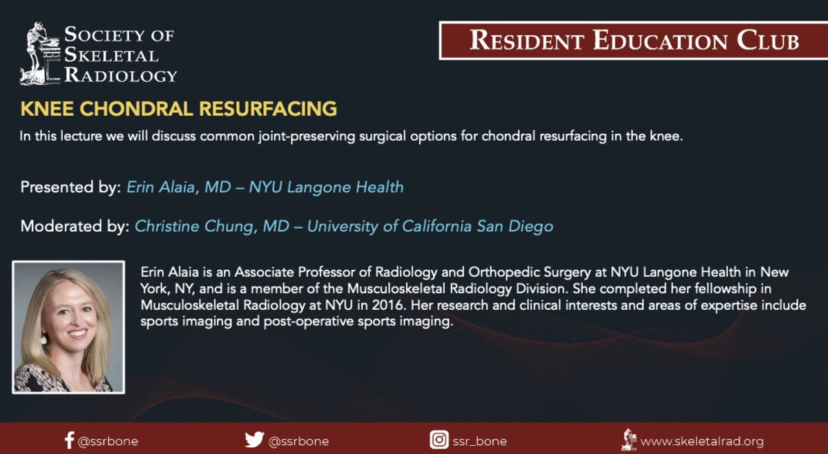 Society of Skeletal Radiology (@ssrbone) on Twitter photo HAPPY 2025! 🥳
🩻Join us for the first SSR Resident Education Club of the new year as we learn about knee chondral resurfacing! 🦵Don't miss this knee-cessary talk by <a href="/erinalaia/">Erin Alaia</a>, moderated by <a href="/CBChung_ucsd/">Christine Chung, MD</a>!
@ 7pm ET, 1/15. Register here: veritasamc.zoom.us/webinar/regist…
#MSKrad #radres HAPPY 2025! 🥳
🩻Join us for the first SSR Resident Education Club of the new year as we learn about knee chondral resurfacing! 🦵Don't miss this knee-cessary talk by <a href="/erinalaia/">Erin Alaia</a>, moderated by <a href="/CBChung_ucsd/">Christine Chung, MD</a>!
@ 7pm ET, 1/15. Register here: veritasamc.zoom.us/webinar/regist…
#MSKrad #radres