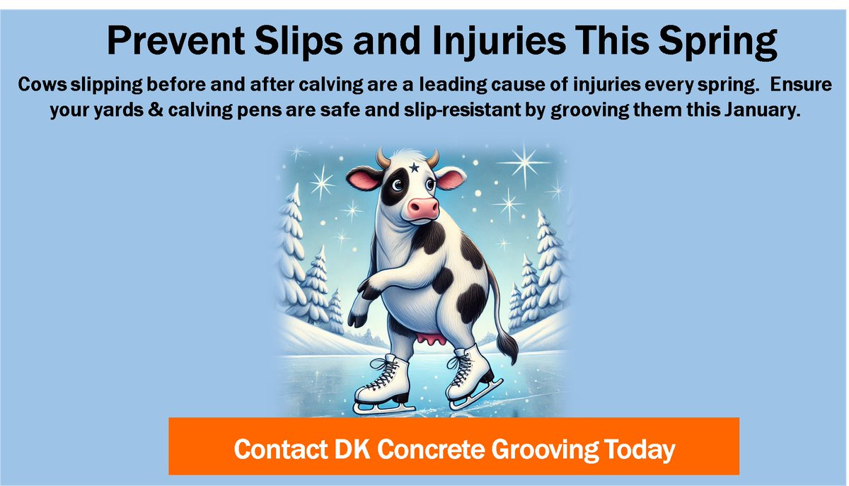 Cows slipping before and after calving are a leading cause of injuries every spring. Make yards and calving pens a priority to get grooved this January. Bookings now being taken for January. #DKConcretegrooving