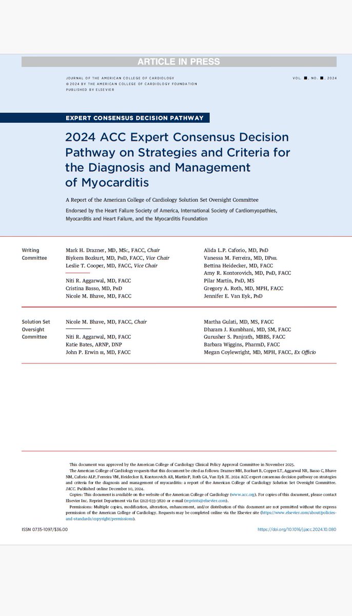 RetsefL's tweet photo. The Journal of American College of Cardiology recently published expert consensus guidelines for diagnosis & management of myocarditis:

1. Challenging diagnosis given many cases are asymptomatic or with vague symptoms.

2. Associated with unexplained sudden death.

3. Arrythmia (e.g., syncope) & chest pain are common symptoms.

4. Cardiac MRI is key for diagnosis.

5. Serious condition with potentially poor prognosis.

Arrythmia & chest pain were common among vaccinated (see Pfizer recent own report to EMA), which raises serious concerns that some (many?) had undiagnosed myocarditis with residual heart damage!

Health authorities should aggressively & proactively surveil for undetected heart damage among vaccinated!