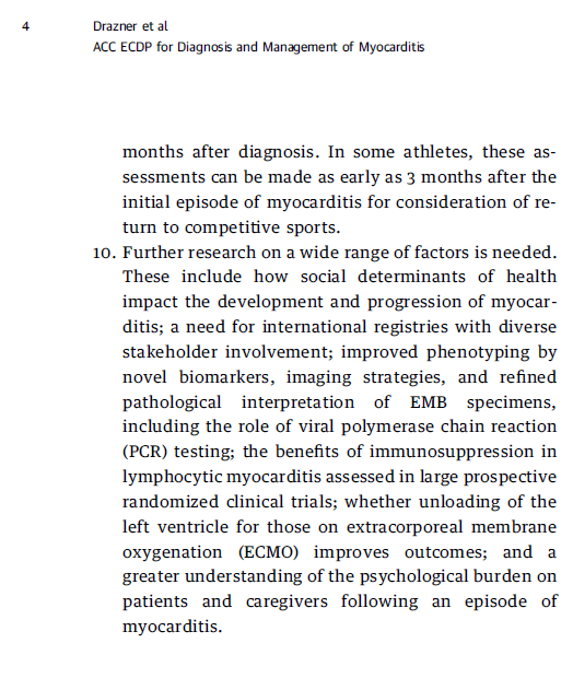 RetsefL's tweet photo. The Journal of American College of Cardiology recently published expert consensus guidelines for diagnosis & management of myocarditis:

1. Challenging diagnosis given many cases are asymptomatic or with vague symptoms.

2. Associated with unexplained sudden death.

3. Arrythmia (e.g., syncope) & chest pain are common symptoms.

4. Cardiac MRI is key for diagnosis.

5. Serious condition with potentially poor prognosis.

Arrythmia & chest pain were common among vaccinated (see Pfizer recent own report to EMA), which raises serious concerns that some (many?) had undiagnosed myocarditis with residual heart damage!

Health authorities should aggressively & proactively surveil for undetected heart damage among vaccinated!