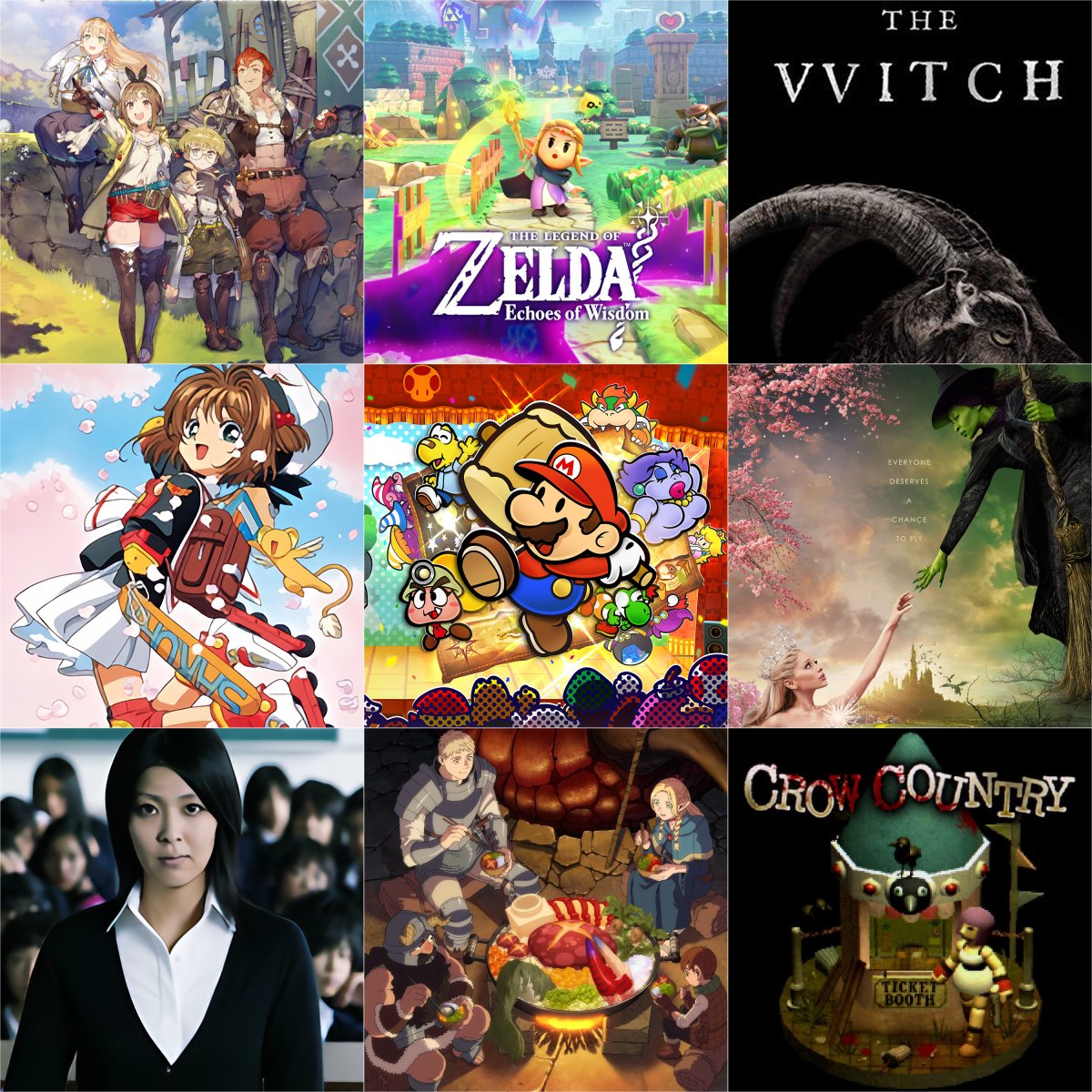 Caarmivore's tweet photo. I ended up making another 3x3 because I really enjoyed it last year and it's a nice way to reflect on the previous year. Here are the media I ended up enjoying the most in 2024! https://t.co/6EGv1XafNE