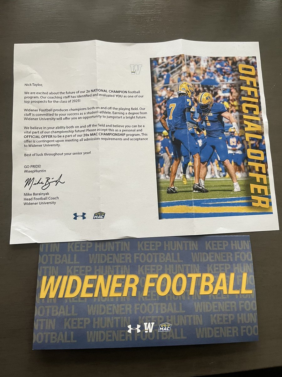 Nick Taylor (@nick_taylor66) on Twitter photo Excited to announce I have received my first college offer to Widener University! <a href="/Coach_Barry/">Mike Barainyak, MBA.</a> <a href="/Widener_FB/">Widener Football</a> Excited to announce I have received my first college offer to Widener University! <a href="/Coach_Barry/">Mike Barainyak, MBA.</a> <a href="/Widener_FB/">Widener Football</a>