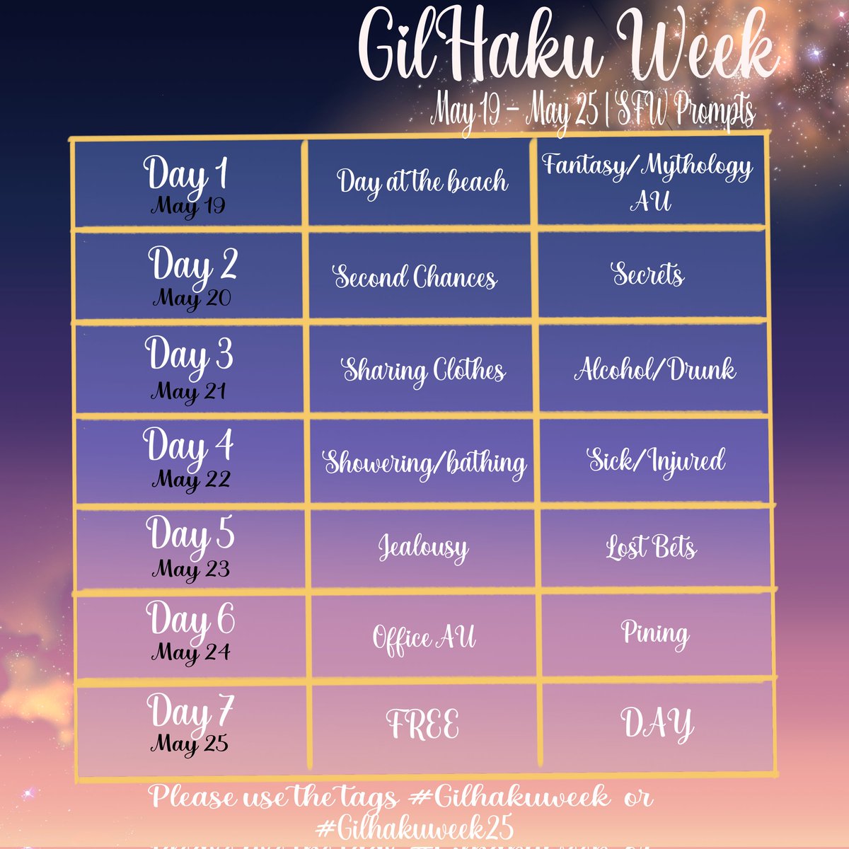 AUOLadyMoon's tweet photo. Hello! 

Do you want to see more content of Gil and Hakuno? 👀 Then REJOICE, for we have a new ship week for you! 

Taking place from May 19 to 25, below are the prompts for this celebration!

We're excited to see what #Gilhaku nation creates this year! 🌙🍬👑 #GilHakuWeek2025 https://t.co/Euczu0341r
