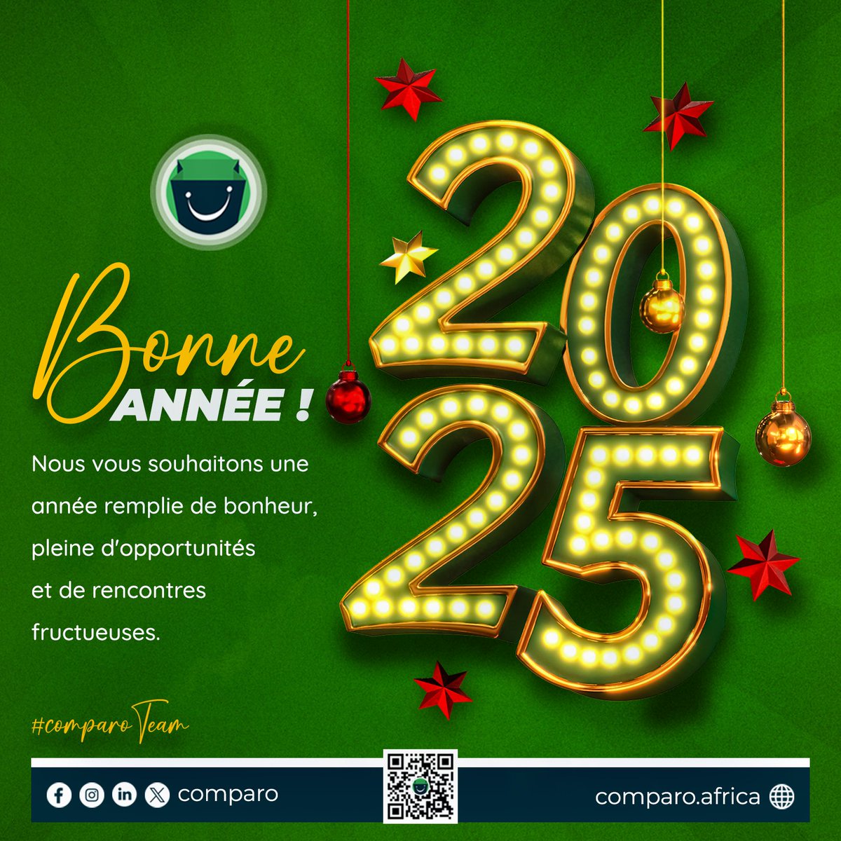 comparo_africa's tweet photo. ✨ Bonne année 2025 de la part de toute l'équipe Comparo ! ✨
En 2025, nous restons à vos côtés pour simplifier le commerce numérique et soutenir la croissance des entrepreneurs africains. 🚀
#BonneAnnée2025 #Comparo https://t.co/bbrJl2rJzv