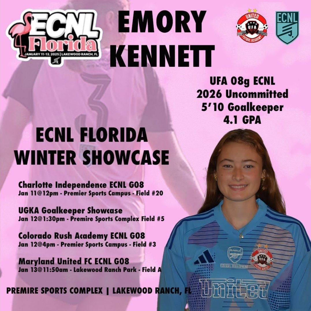 Emory Kennett (@emorykennett26) on Twitter photo Excited for the ECNL Showcase next week in Florida 🌴
I will be in the GK Showcase on the 12th at 1:30pm.
Come watch my team and I play!! <a href="/ugkalliance/">@unitedgkalliance</a> <a href="/ImYouthSoccer/">ECNL/GA/Recruiting/College Soccer</a> <a href="/travismclark/">Travis Clark</a> <a href="/ImCollegeSoccer/">College Soccer Truth ™</a> <a href="/PrepSoccer/">Prep Soccer ⚽️</a> <a href="/TopDrawerSoccer/">TopDrawerSoccer</a> <a href="/TheSoccerWire/">SoccerWire</a> <a href="/mattsmithsoccer/">Matt Smith</a> <a href="/JREskilson/">J.R. Eskilson</a> <a href="/ECNLgirls/">ECNL Girls</a> Excited for the ECNL Showcase next week in Florida 🌴
I will be in the GK Showcase on the 12th at 1:30pm.
Come watch my team and I play!! <a href="/ugkalliance/">@unitedgkalliance</a> <a href="/ImYouthSoccer/">ECNL/GA/Recruiting/College Soccer</a> <a href="/travismclark/">Travis Clark</a> <a href="/ImCollegeSoccer/">College Soccer Truth ™</a> <a href="/PrepSoccer/">Prep Soccer ⚽️</a> <a href="/TopDrawerSoccer/">TopDrawerSoccer</a> <a href="/TheSoccerWire/">SoccerWire</a> <a href="/mattsmithsoccer/">Matt Smith</a> <a href="/JREskilson/">J.R. Eskilson</a> <a href="/ECNLgirls/">ECNL Girls</a>
