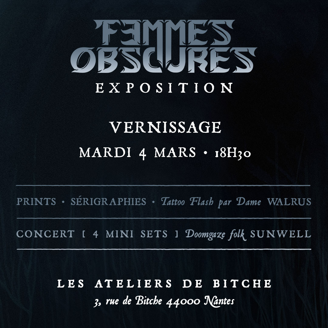 Laura_Chaos's tweet image. 🦇 Je suis heureuse de vous annoncer l'affiche et le line-up de la seconde édition de Femmes Obscures qui aura lieu du 4 au 15 Mars 2025 à Nantes et ressemblera 21 superbes artistes !

🌜 Vernissage le 4 Mars • 18h30
Vente de prints • Tattoo flash • Concert • Bar

Hâte ! ✨