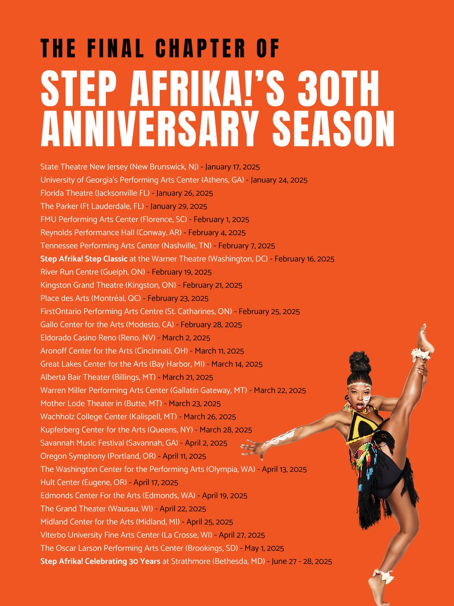 Step Afrika! HQ (@stepafrikahq) on Twitter photo Join us for the final chapter of Step Afrika!'s 30th Anniversary Season, culminating with a 50-city tour across the United States and Canada! π£ To explore performances and purchase tickets to the upcoming tour, visit stepafrika.org/events #StepAfrika Join us for the final chapter of Step Afrika!'s 30th Anniversary Season, culminating with a 50-city tour across the United States and Canada! π£ To explore performances and purchase tickets to the upcoming tour, visit stepafrika.org/events #StepAfrika