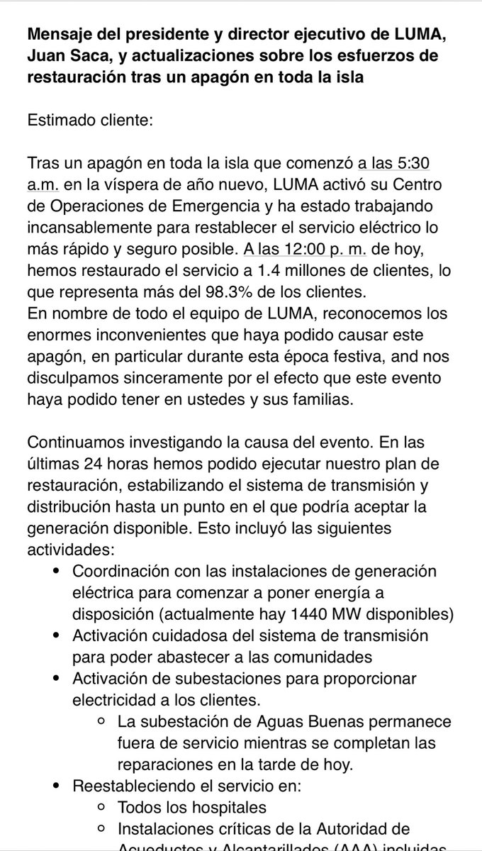 riverasaniel's tweet image. Presidente de @lumaenergypr anuncia el regreso de la electricidad al 98% de los abonados. Sin embargo, afirma que aún desconoce la raíz del apagón masivo.
