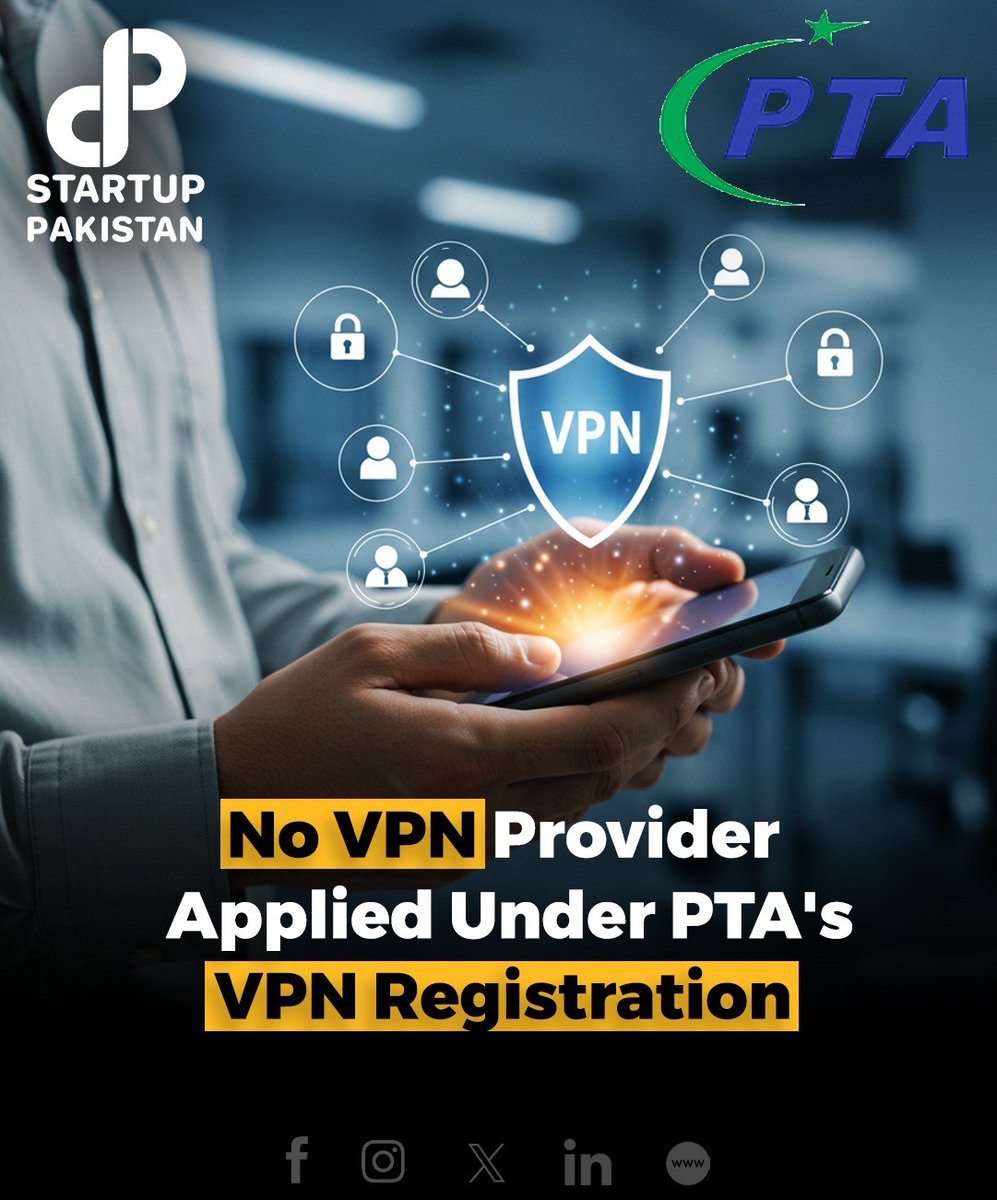 PakStartup's tweet photo. The Pakistan Telecommunication Authority (PTA) has started the process for registering VPN providers, but no applications have been received yet.
#PTA #VPNRegulation #VPNProviders #PakistanTech #InternetSecurity #DataProtection https://t.co/tFD14kbcdG