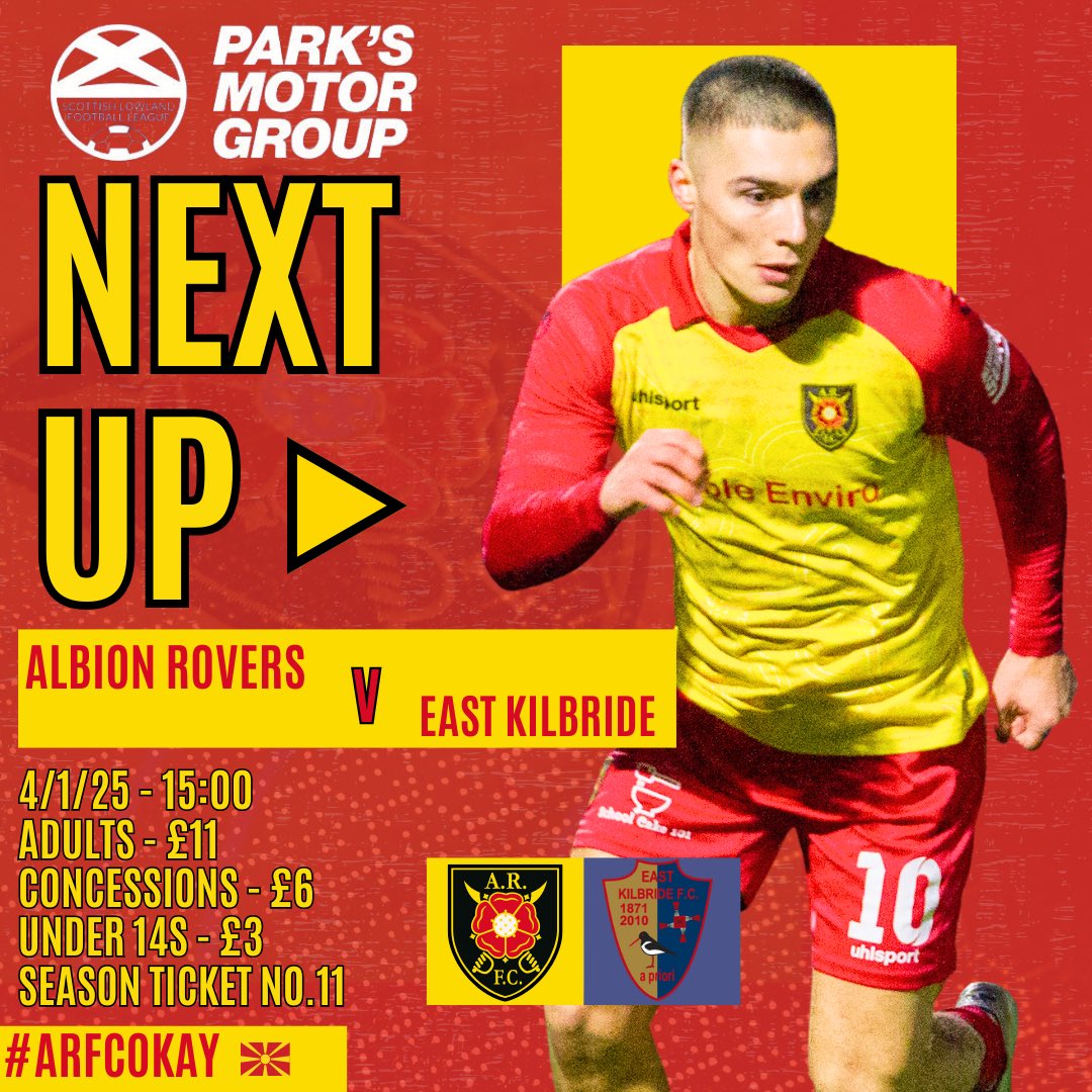 albionrovers's tweet photo. ⚽️ NEXT UP ⚽️ 

We’re back at home on Saturday as we welcome @officialEKFC to The Reigart Stadium in our first fixture of 2025 and the second part of our festive double header against the league leaders!

Kick off at the Reigart Stadium is at 3pm so join us as we look to bring in the new year with 3 points ! 

#ARFCOKAY🇲🇰| @OfficialSLFL @parksmotorgroup