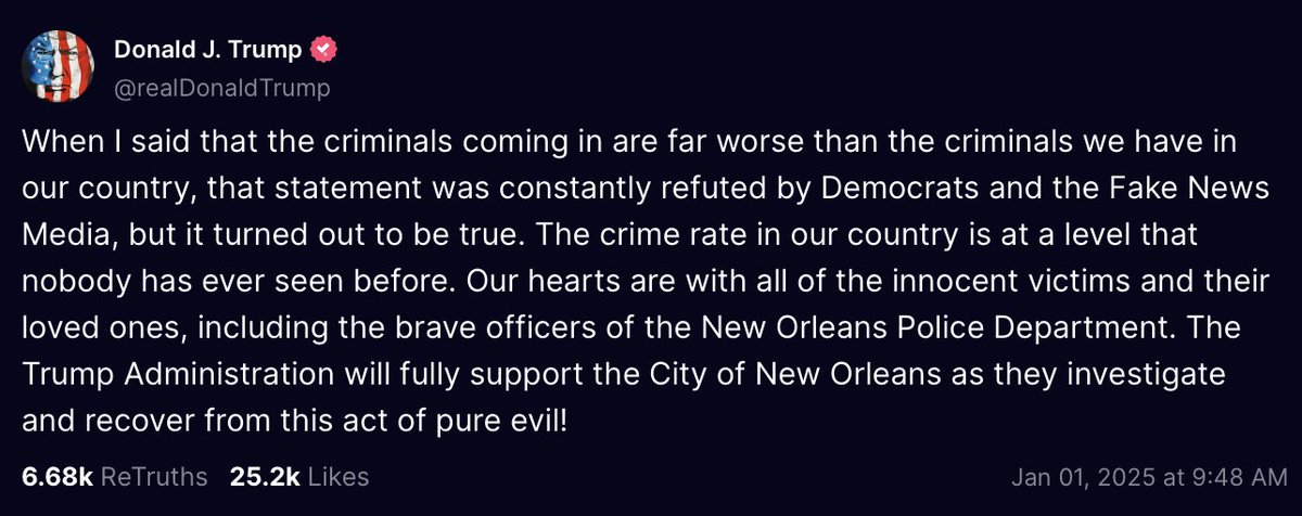 TomJChicago's tweet photo. Another example of Trump being a stupid, worthless, ignorant, vile piece of shit by lying and blaming immigrants for crimes when the suspect in the New Orleans attack is 42 year old Shamsud Din Jabbar, a US Army vet born and raised in Texas and carrying an ISIS flag in his truck https://t.co/pJ25Tn4Nqu
