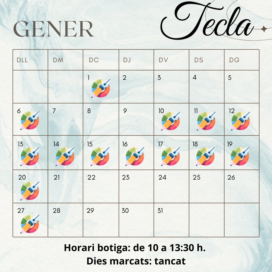 teclacomu's tweet photo. 🗓️ Aquest és l'horari de la nostra botiga per al mes de gener! Recordeu que del 10 al 20 de gener inclosos estarem tancats per vacances. La resta de dies, us atendrem de 10 a 13:30 h. Us esperem amb moltes novetats! 😊✨ https://t.co/fkg4TisW0g