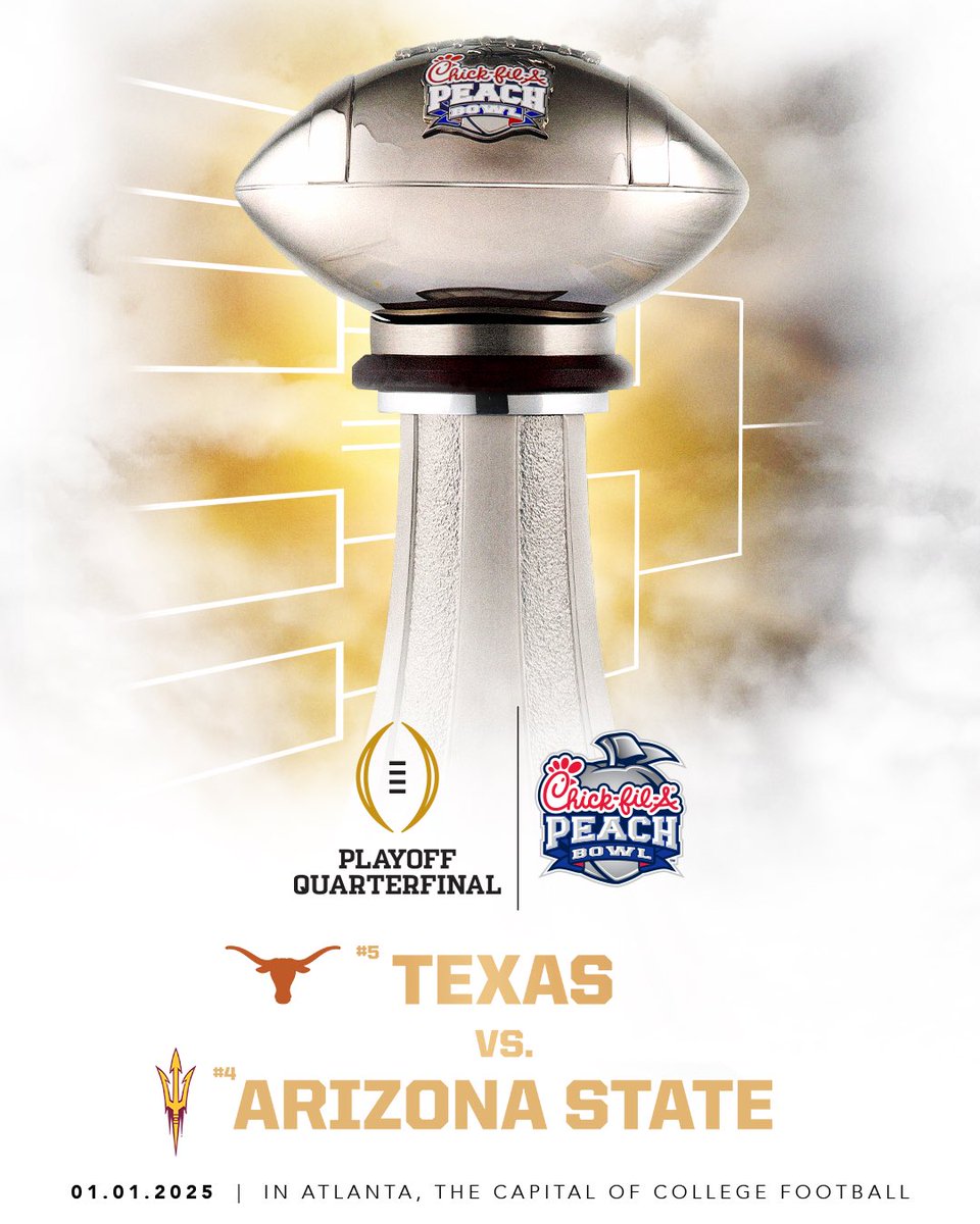 thebluepennant's tweet photo. #4 Arizona State vs #5 Texas. C'est parti ! 🔥
📷 @CFBPlayoff | #GoForks | #HookEm | #CFAPeachBowl https://t.co/S5mze7a7tN