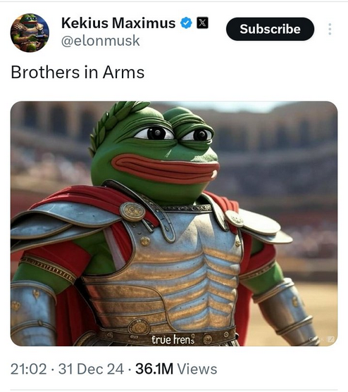 Elon Musk branding his account as Kekius Maximus and adopting Kek imagery.
