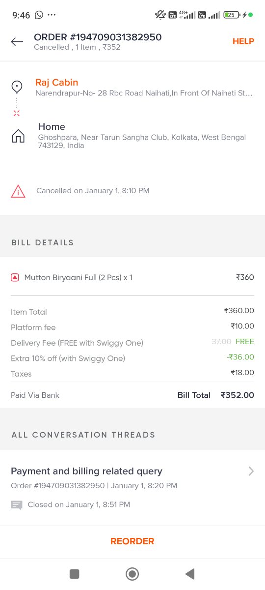 NoyelSeth's tweet photo. @Swiggy 
I need help with my pre-paid order (ID: #194709031382950) that was canceled without any prior message or notification. I noticed this later and raised a concern via the app (Ticket ID: 91747465). https://t.co/sue6XCUrv8