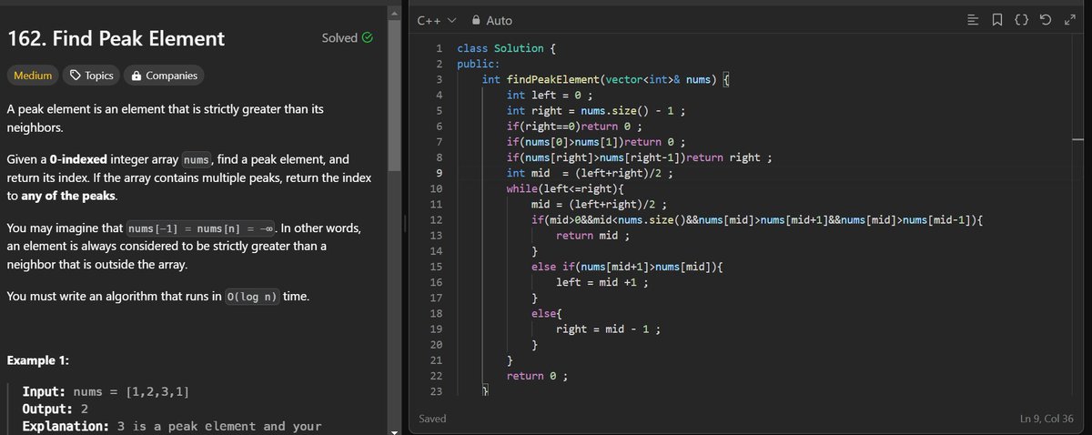 Ashutos03448057's tweet image. Day 12 of #CodingQuest 🏔️🤖️ Found the peak element using Binary Search! 🌠 Cracked the LeetCode challenge effortlessly! 🎢 On a roll with #100DaysOfCode! #LeetCode #BinarySearch #CodingFun