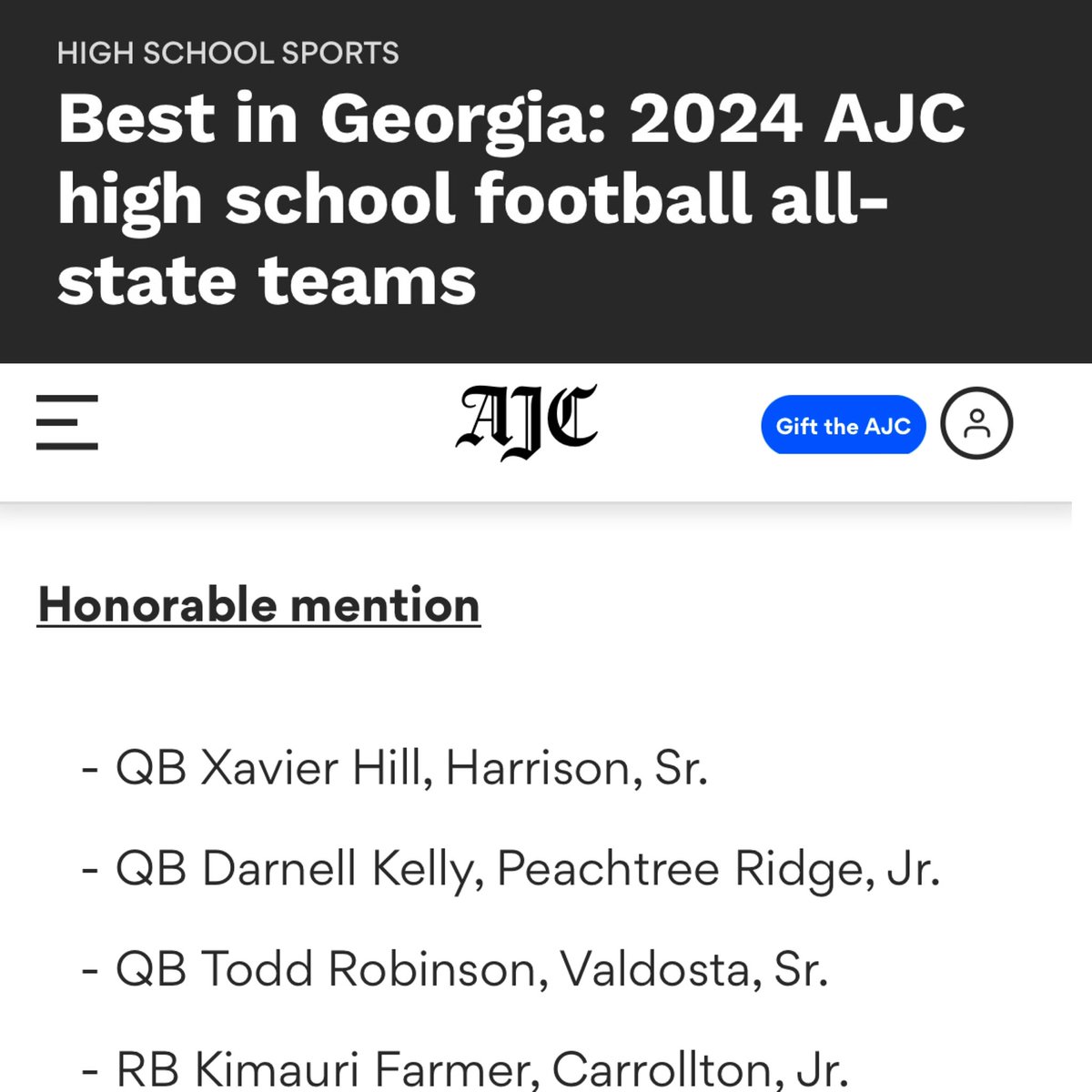 Thankful for being recognized as AJC All State Honorable mention! <a href="/ajc/">Atlanta Journal-Constitution</a> <a href="/PTRFootball/">Peachtree Ridge Football</a> <a href="/GDPsports/">Gwinnett Daily Post</a> <a href="/GHSFdaily/">GHSF Daily</a> <a href="/GeorgiaPrepMag/">Georgia Prep Journal</a> <a href="/CoachDaniels06/">Coach Daniels</a> <a href="/OrtegeJenkins16/">Ortege Jenkins</a> <a href="/Stumpf_Brian/">Brian Stumpf</a> <a href="/ChadSimmons_/">ChadSimmons</a> <a href="/JeremyO_Johnson/">Jeremy Johnson</a> <a href="/JohnGarcia_Jr/">John Garcia, Jr.</a> <a href="/RecruitGeorgia/">Recruit Georgia</a> @CoreyCarmona <a href="/Andy_Villamarzo/">Andy Villamarzo</a> <a href="/MattStewartTV/">Matt Stewart</a>