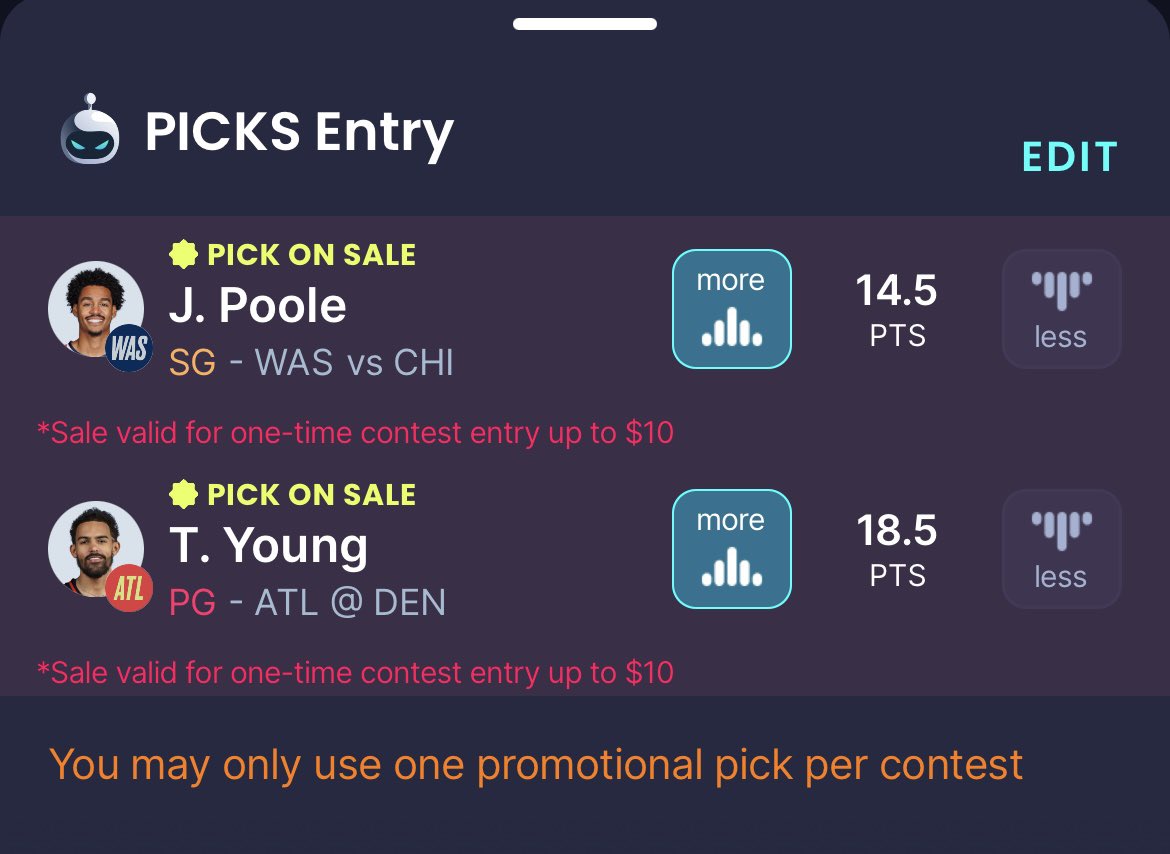 DefyingBets's tweet photo. It’s 2025 &amp; you still aren’t Optimizing your growth in Sport Betting…. 🤷🏼‍♂️

Each DFS is fighting for you to put money into their site 👇

Below is today’s +EV daily promos UnderDog (0.5 change)
Sleeper (Poole &amp; Young +EV)
ParlayPlay (slight +EV)
Betr (47% off) https://t.co/GCA334lKQA