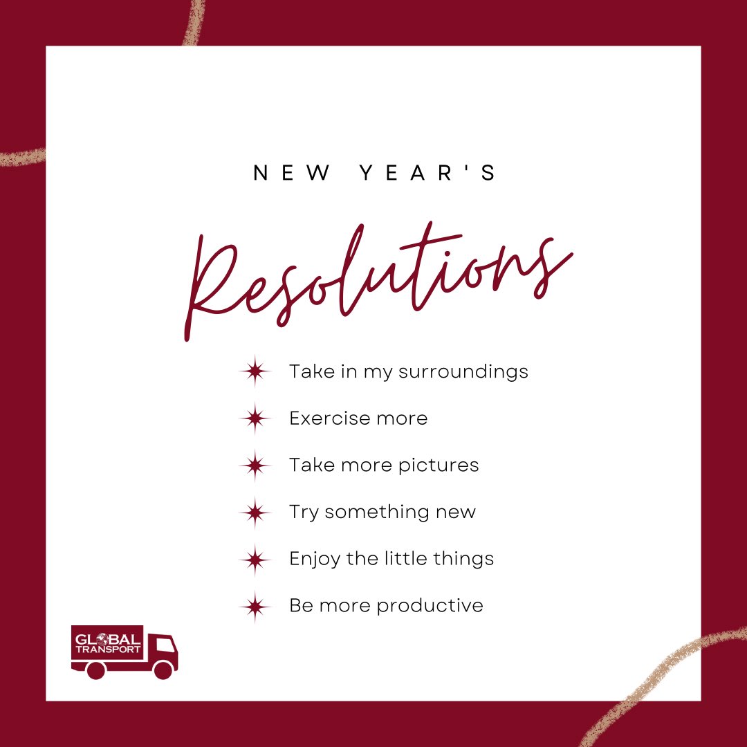New year, new you? No time like today to think about some goals for the #NewYear! Here are a few of mine. What are yours?

#GlobalTransport #2025 #Resolutions #KeepOnTruckin #TakeItToEm #Freight #Shipping #Logistics #Trucking #Truck #CLE