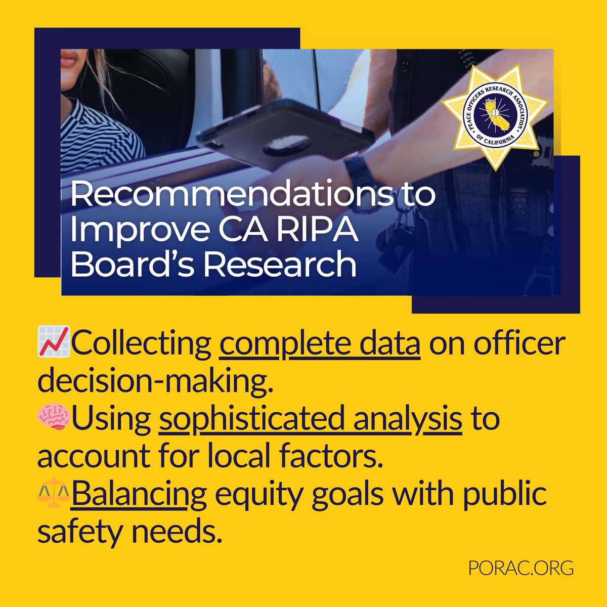 To improve the #California RIPA Board’s research, we recommend:

📈 Collecting complete data on officer decision-making. 🧠 Using sophisticated analysis to account for local factors. ⚖️ Balancing equity goals with public safety needs.

<a href="/AGRobBonta/">Rob Bonta</a>, It’s time we get serious