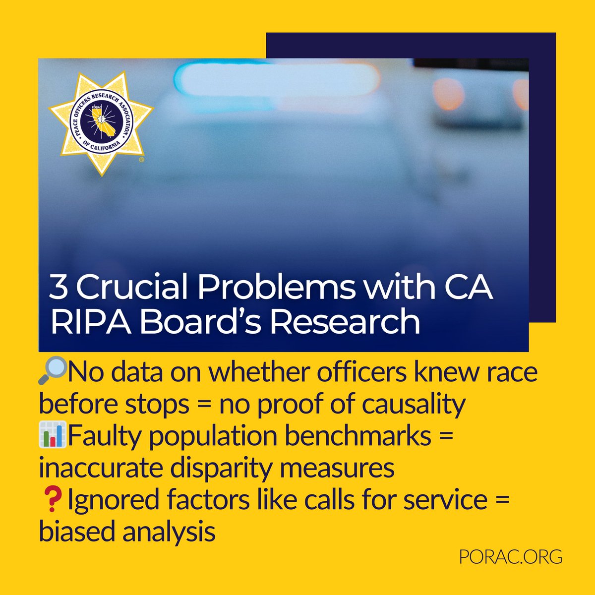 New analysis demonstrates crucial problems with the #California RIPA Board’s research:

🔍 No data on whether officers knew race before stops = no proof of causality. 📊 Faulty population benchmarks = inaccurate disparity measures. ❓ Ignored factors like calls for service =