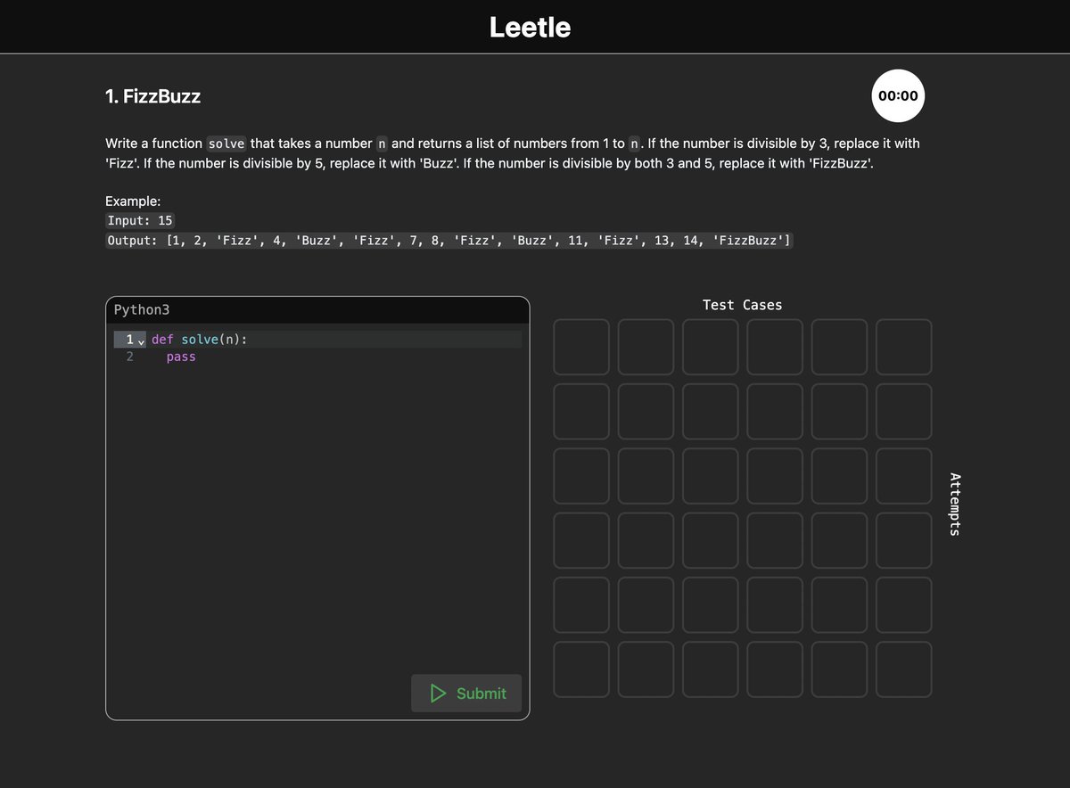 reallyrawn's tweet image. ARE YOU SMARTER THAN THE AVG CS MAJOR?
 
Introducing Leetle. (leetle DOT app)
Leetcode meets Wordle.
6 test cases. 6 attempts. + it’s timed.
Daily Python Challenges. Forever.

Optimized for Mobile Coding.

Your first challenge? FizzBuzz.