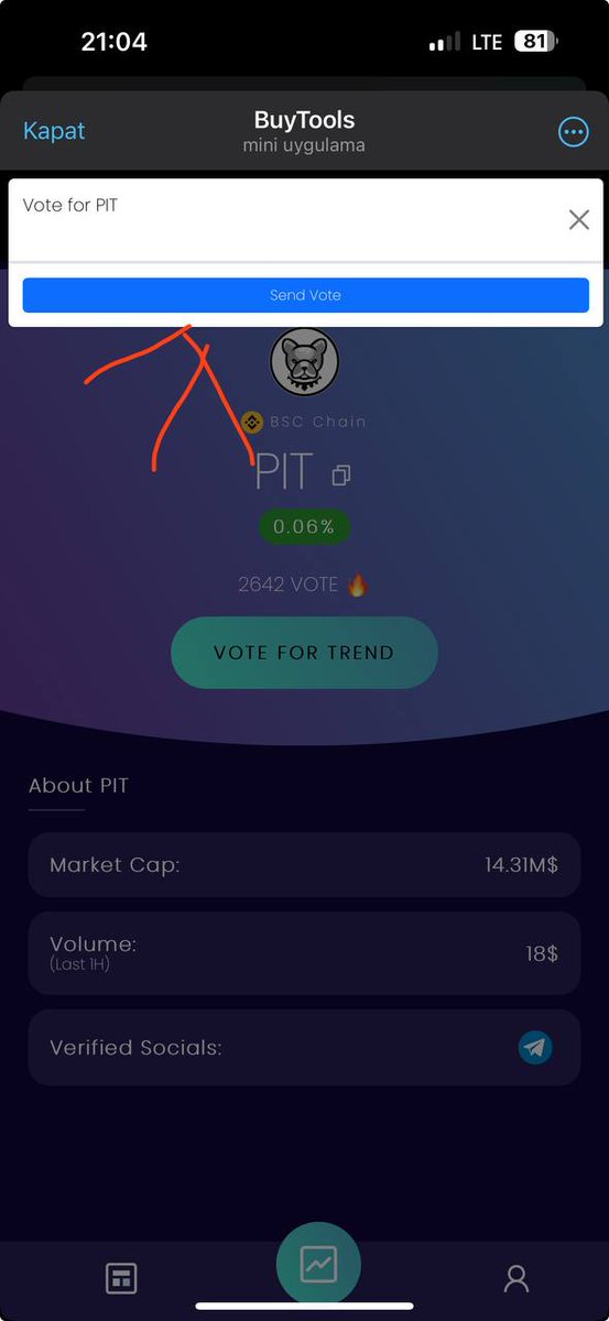 tr_pitbulltoken's tweet photo. Ekonomik özgürlüğümüzü birlikte şekillendirelim! https://t.co/n7D97lkg1z
1) Başlat’a basın 
2) VOTE FOR TREND basın 
3) Send vote bastıktan sonra PIT e oy vermiş oluyorsunuz. 
 
Her saat başı 1 oy verme hakkınız yenilenmektedir. BAĞLANTIYA TIKLAYARAK OYLARIMIZI KULLANALIM https://t.co/X5ouTENs2I