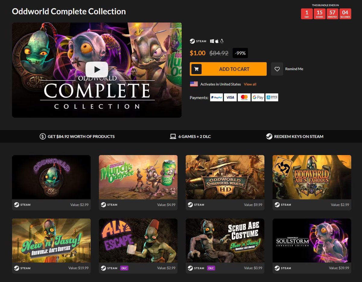 Wario64 (@wario64) on Twitter photo Oddworld Complete Collection (Steam) is $1 on Fanatical (ending soon) buff.ly/3V4y3cz #ad 
includes 6 games + 2 DLC:
-Oddworld: Soulstorm Enhanced Edition
-Oddworld: New 'n' Tasty +DLC
-Oddworld: Abe's Exoddus 
-Oddworld: Stranger's Wrath HD
-Oddworld: Munch's Oddysee Oddworld Complete Collection (Steam) is $1 on Fanatical (ending soon) buff.ly/3V4y3cz #ad 
includes 6 games + 2 DLC:
-Oddworld: Soulstorm Enhanced Edition
-Oddworld: New 'n' Tasty +DLC
-Oddworld: Abe's Exoddus 
-Oddworld: Stranger's Wrath HD
-Oddworld: Munch's Oddysee