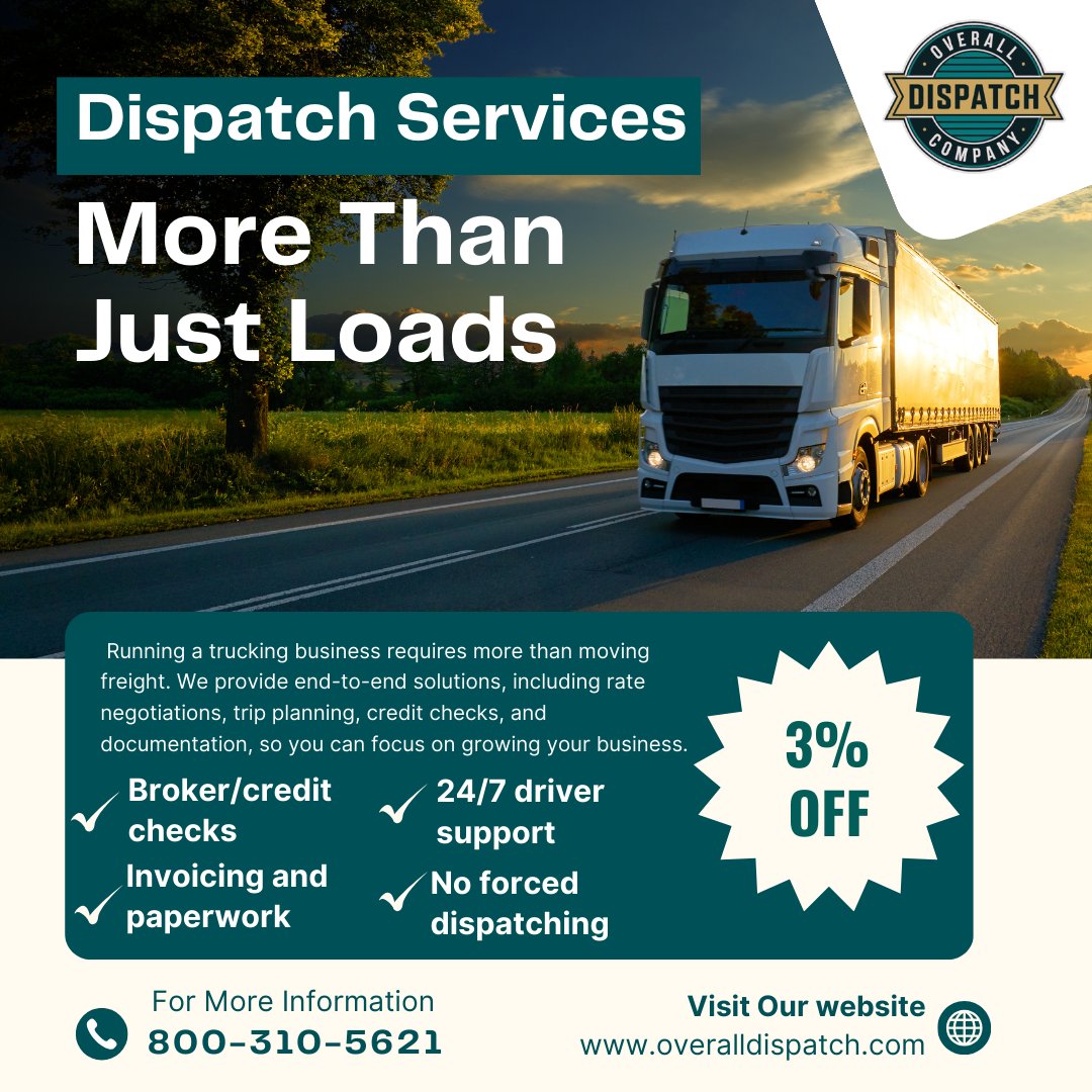 OverallDispatch's tweet image. Streamline your trucking business with our comprehensive dispatch services! 🚛📦 From rate negotiations to 24/7 driver support, we handle the logistics so you can focus on the road ahead. 

Take advantage of our 3% OFF offer today! 🚨💰 Call 800-310-5621
