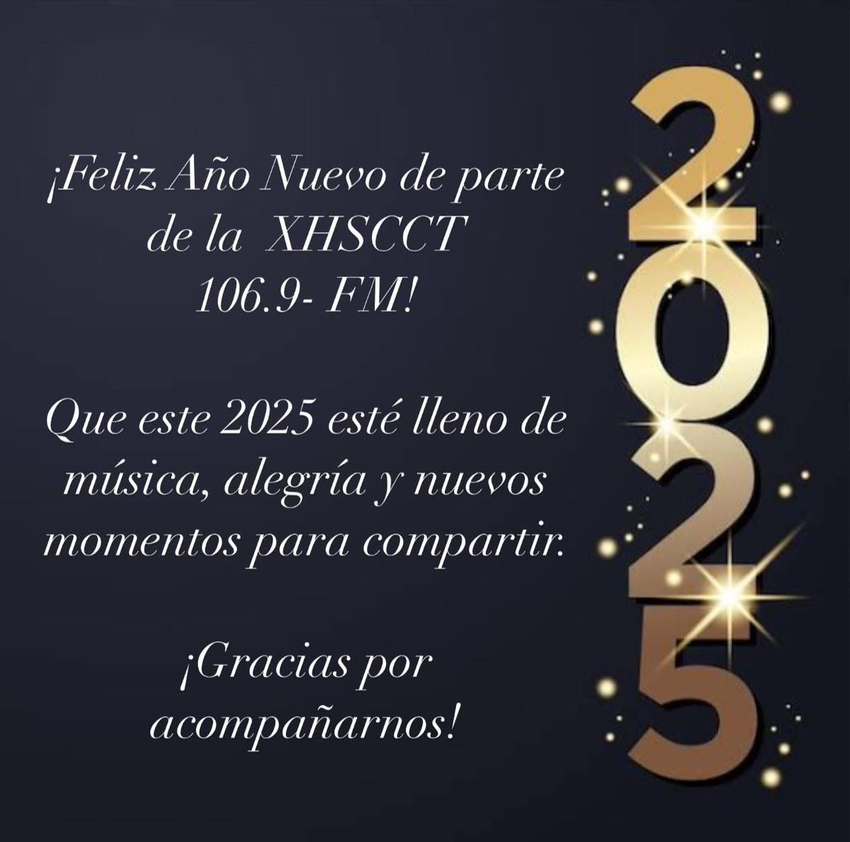 radio_joco's tweet photo. ¡Bienvenido 2025! 
En la 106.9 FM estamos listos para acompañarte con la mejor música, sorpresas y mucha energía. 
¡Gracias por formar parte de nuestra familia! 
Que este nuevo año te traiga felicidad y grandes momentos. https://t.co/tSY0x8Ykfl