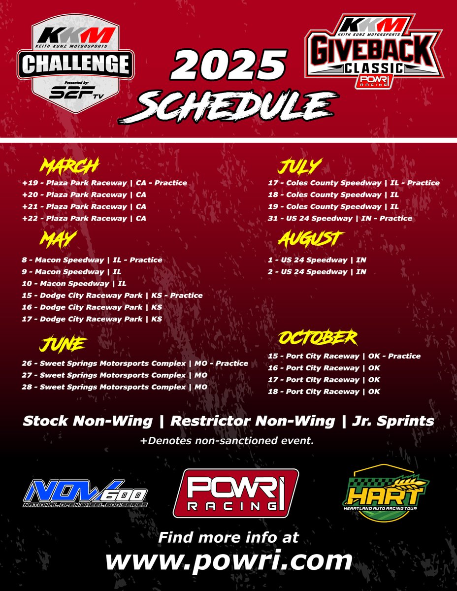 The KKM Challenge Series Returns in 2025!

This seven-event mini-series will span 16 race nights, featuring the Stock Non-Wing, Non-Wing Restrictor, and Jr. Sprint divisions.

For more information and the full schedule of events, visit: powri.com/news/?i=164731