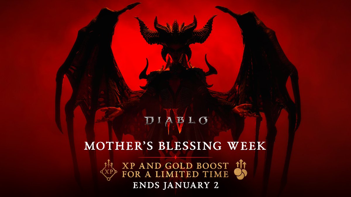 Diablo's tweet image. The Conflict is Eternal… Mother’s Blessing is not 😈

Log in today to take advantage of increased XP and gold while you still can. Mother’s Blessing ends tomorrow.