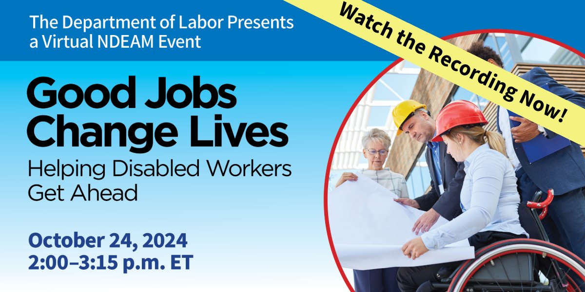 PEAT (@peatworks) on Twitter photo Good jobs change lives! In case you missed <a href="/USDOL/">U.S. Department of Labor</a>’s 2024 NDEAM event, “Good Jobs Change Lives: Helping Disabled Workers Get Ahead,” the recording is now available. Check it out!
Link to recording: youtube.com/watch?v=9Twl-F… Good jobs change lives! In case you missed <a href="/USDOL/">U.S. Department of Labor</a>’s 2024 NDEAM event, “Good Jobs Change Lives: Helping Disabled Workers Get Ahead,” the recording is now available. Check it out!
Link to recording: youtube.com/watch?v=9Twl-F…