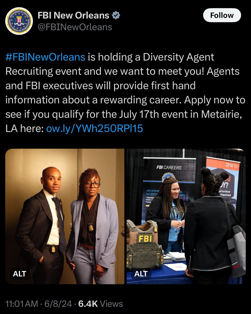 robbystarbuck's tweet photo. 6 months ago the New Orleans FBI office was doing DEI hiring events. Maybe they should have been more focused on hiring the best people who are good at catching terrorists instead?

Hiring solely to "increase diversity" is a threat to national security for everyone. DEI must end. https://t.co/NabQ6t6Bmn