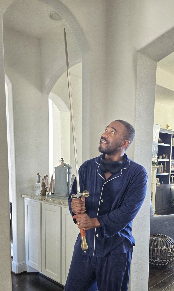 thekeithgarvin's tweet photo. Ephesians 6:17 --

"And take...the sword of the Spirit, which is the word of God."

My favorite Christmas gift this year ☺️ And yes...I walk around the house in pajamas with my swords all the time 😆 https://t.co/UsD9UiUsFr