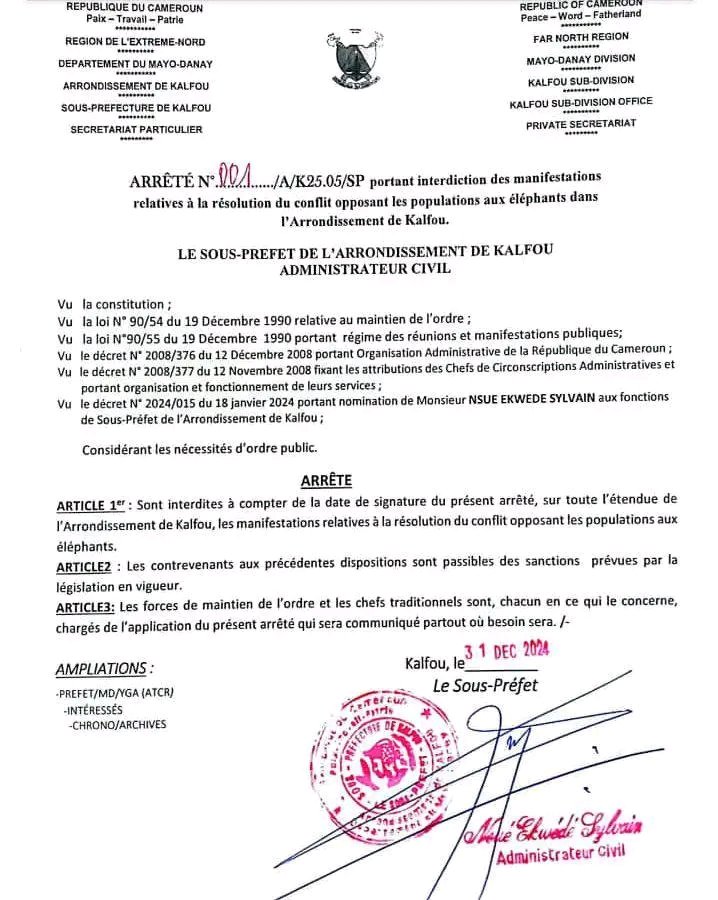 EchosTaibotak's tweet photo. 🇨🇲 🚨 Le sous-préfet de l'arrondissement de kalfou interdit toute marche pacifique contre l'envahissement de l'arrondissement par les éléphants.

Plusieurs morts déjà enregistrées suite à la débandade des pachydermes incontrôlables. https://t.co/0V4DYNW6wd