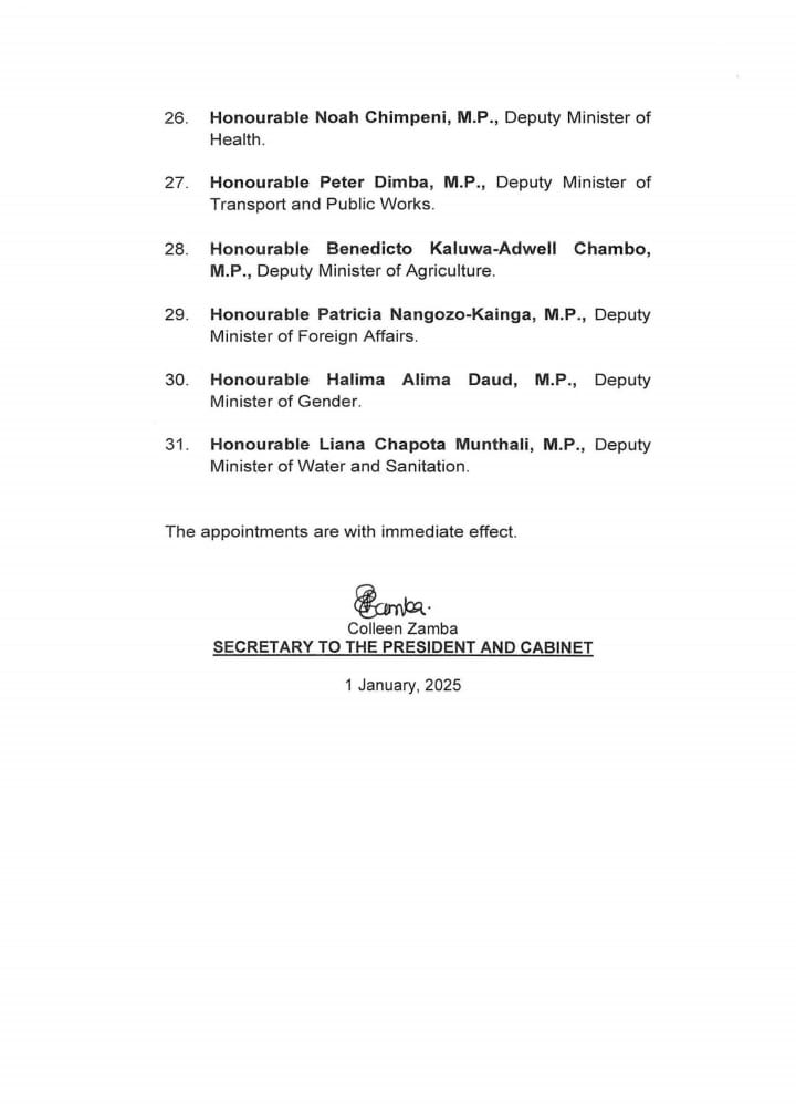 President Lazarus Chakwera has announced a new cabinet