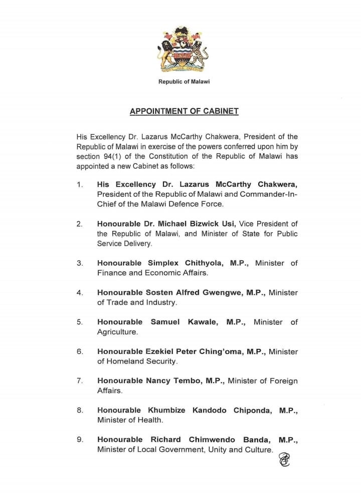 MalawiGovt's tweet photo. President Lazarus Chakwera has announced a new cabinet https://t.co/W9k7kQB0ZI