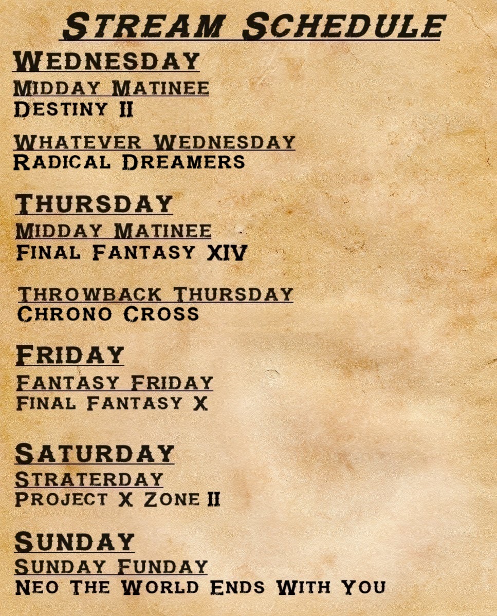 FlyingTBarC's tweet photo. -Here's this weeks schedule! See something ya like, drop on by on #Twitch or check out the VOD's on #Youtube!
-MMO grind, hopefully finish Radical Dreamers and starting Chrono Cross!
#ChronoCross #FinalFantasyX #ProjectXZone2 #NEOTWEWY #FinalFantasyXIV #Destiny2 #RadicalDreamers https://t.co/PKg403Xg1A