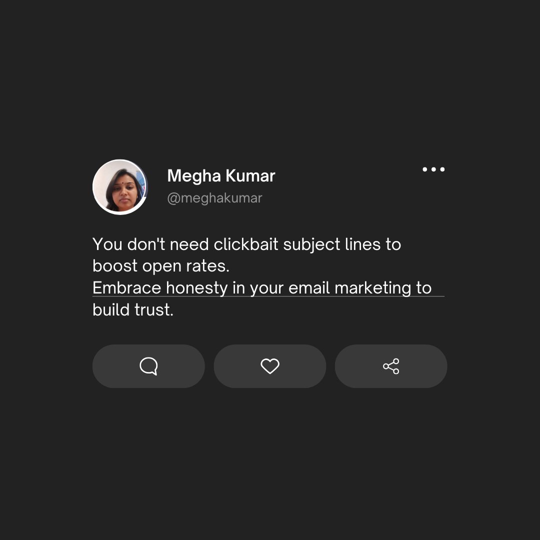 meghap's tweet photo. Avoid the pitfalls of clickbait and focus on delivering genuine value through your subject lines.  

Choose integrity over shortcuts and witness the positive impact on your business. https://t.co/Mi2Uj2xlK0
