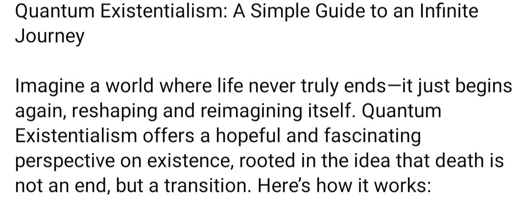 AdvancedApe23's tweet photo. Quantum Existentialism: A Simple Guide to an Infinite Journey

Imagine a world where life never truly ends—it just begins again, reshaping and reimagining itself. https://t.co/C7h2vY3IYE