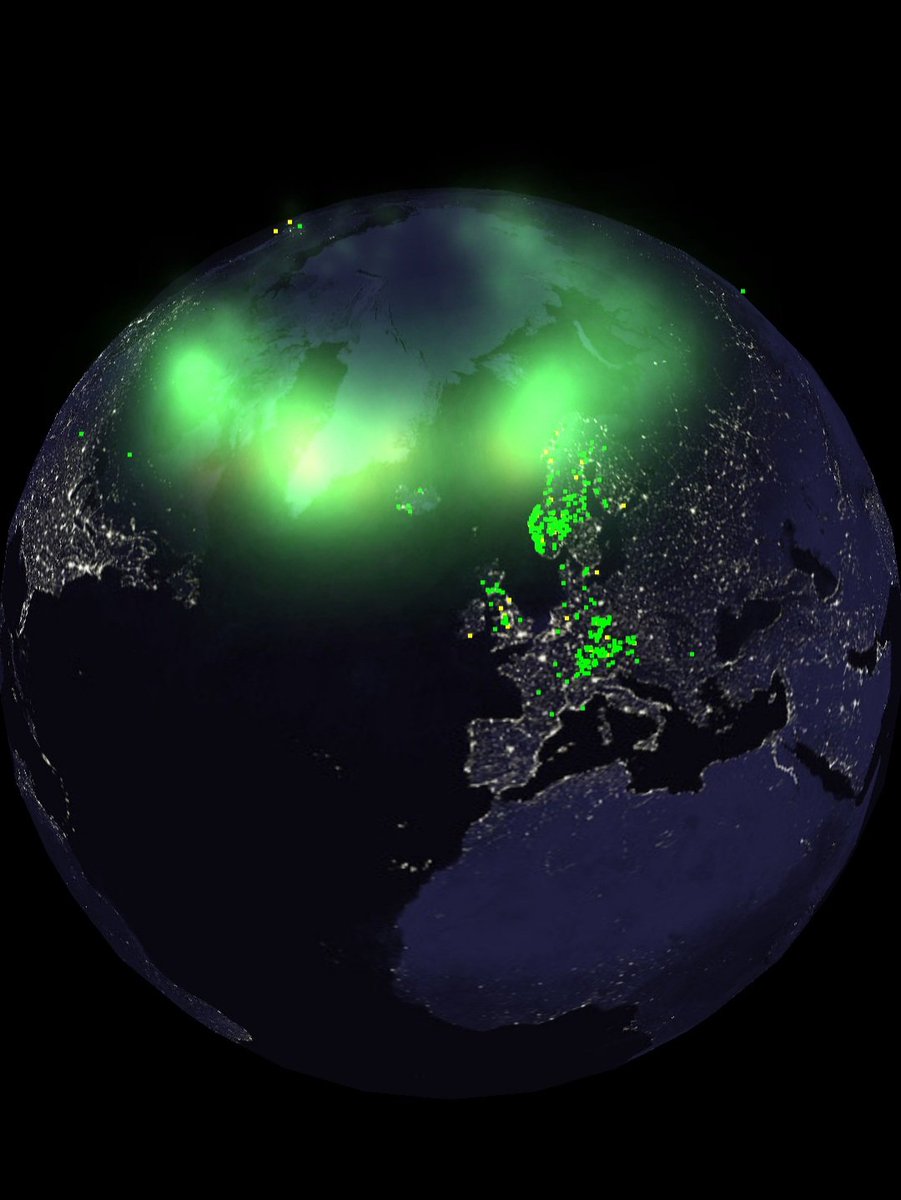 Every green dot on this globe represents an observation of #northernlights at some point during the last few hours. This year started with a bang!