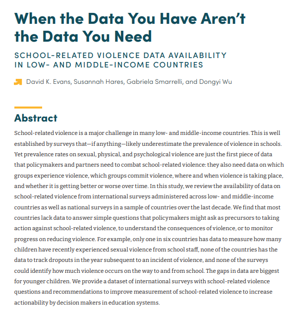 David Evans (@daveevansphd) on Twitter photo "When the Data You Have Aren’t the Data You Need: School-Related Violence Data Availability in Low- and Middle-Income Countries" (with <a href="/SusannahHares/">Susannah Hares</a>, <a href="/Gabriela_LSC/">Gabriela Smarrelli</a>, and <a href="/DongYiWu2/">DongYi Wu</a>) is now forthcoming at World Development!
Read the working paper here cgdev.org/publication/wh… "When the Data You Have Aren’t the Data You Need: School-Related Violence Data Availability in Low- and Middle-Income Countries" (with <a href="/SusannahHares/">Susannah Hares</a>, <a href="/Gabriela_LSC/">Gabriela Smarrelli</a>, and <a href="/DongYiWu2/">DongYi Wu</a>) is now forthcoming at World Development!
Read the working paper here cgdev.org/publication/wh…