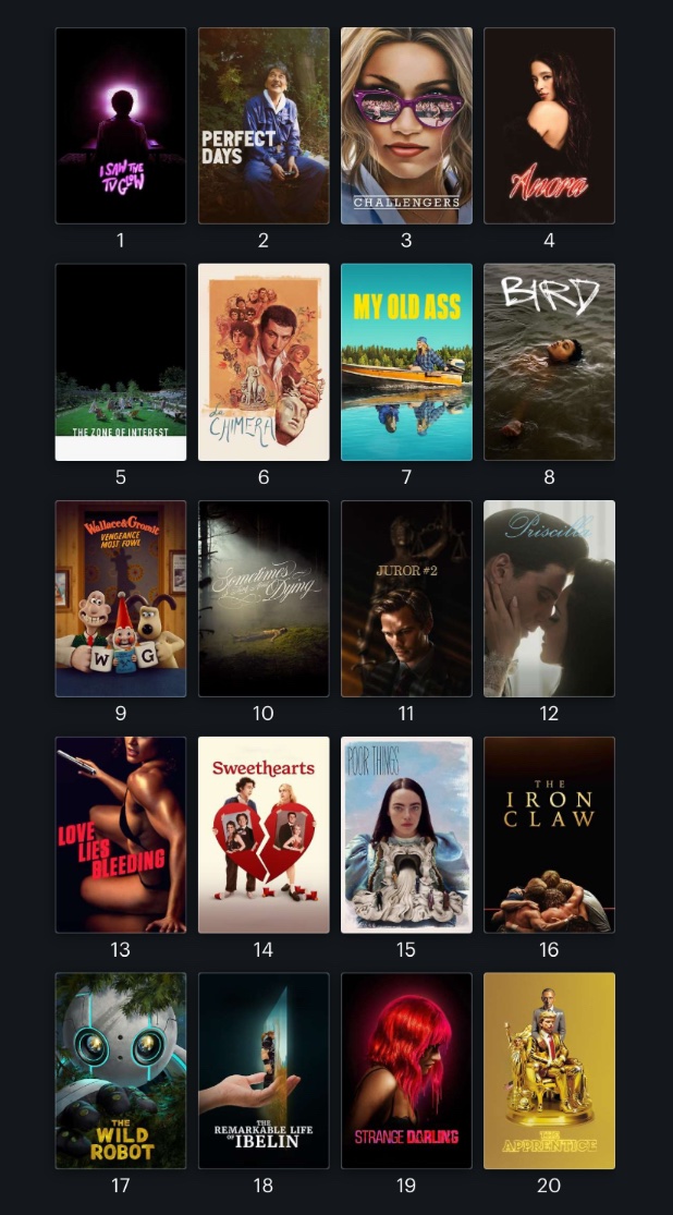 It's that time of year again! I saw 178 movies released in 2024, and these are my twenty favourites-