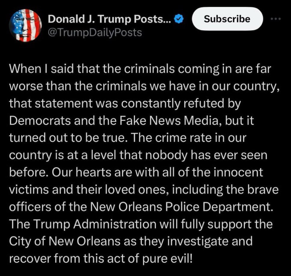 krassenstein's tweet photo. BREAKING: Trump literally scapegoated immigrants, when the suspect was a US military personnel:

The suspect, identified by the FBI as Shamsud-Din Bahar Jabbar, a U.S. citizen and U.S. Army veteran, died in a shootout with police officers following the New Orleans attack. https://t.co/VLnygANnJQ