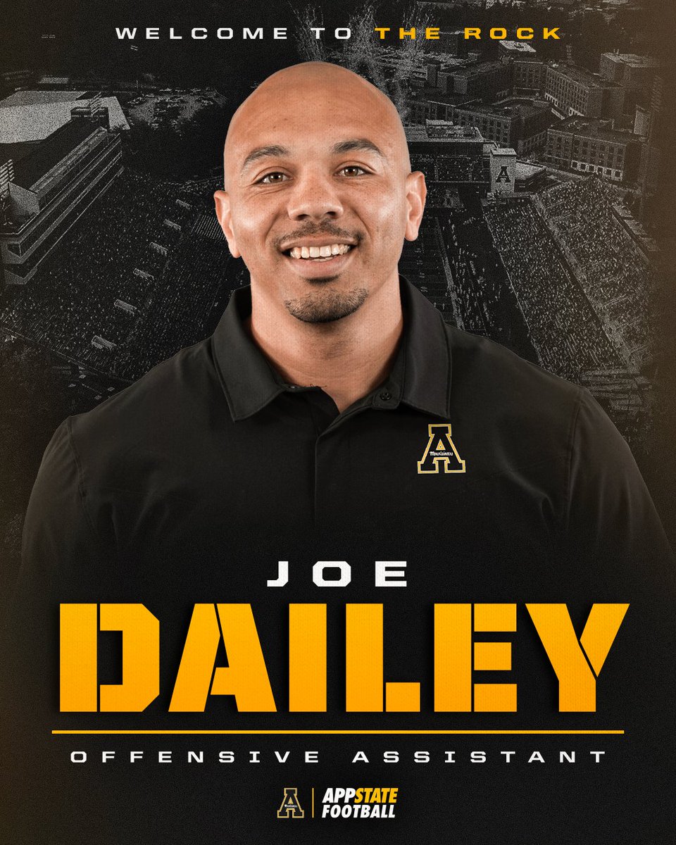 AppState_FB's tweet photo. Welcome to App State, @CoachDailey_A6O!

A former QB at Nebraska and UNC, Dailey has coached in the NFL, ACC and Big 12 and has served as an offensive coordinator at New Mexico and Liberty.

📰 https://t.co/zD1hh7WUsT

#GoApp https://t.co/3yGr5NQHme