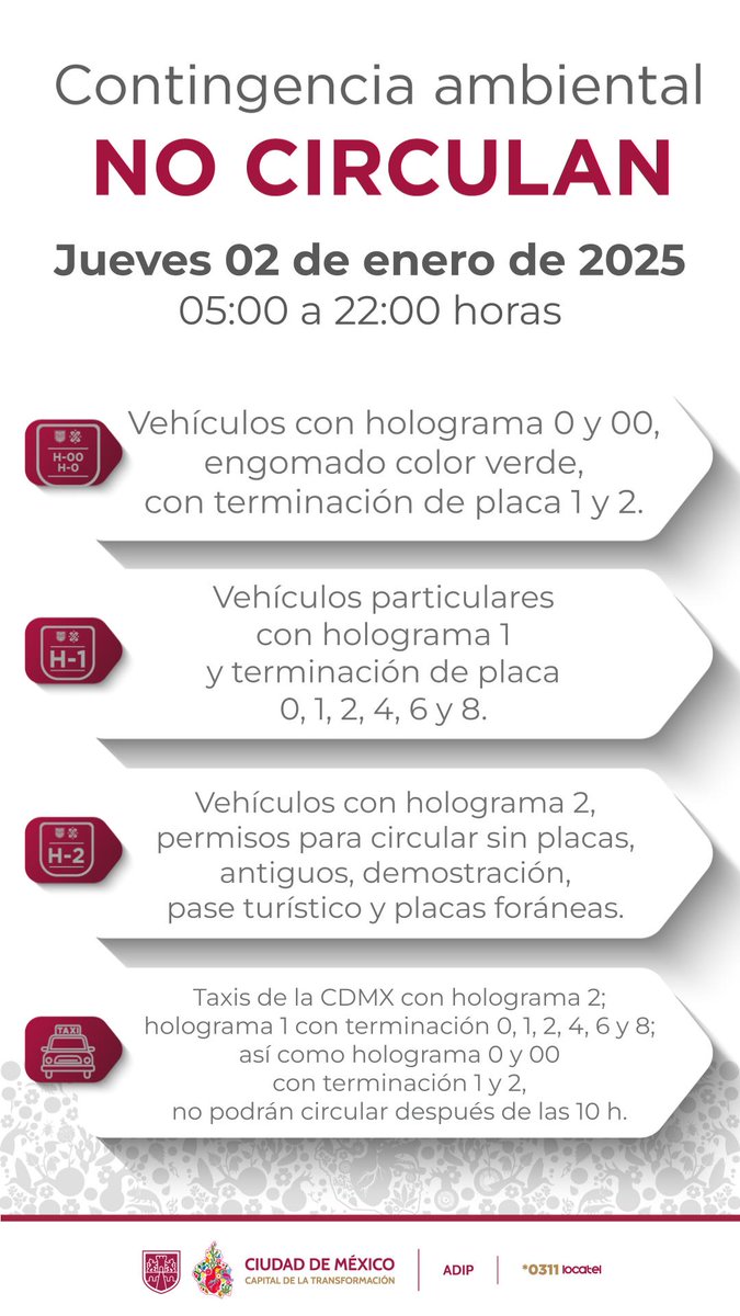 locatel_mx's tweet photo. ⚠ ¡ATENCIÓN! ⚠

Se activa #ContingenciaAmbiental en la Ciudad de México para este jueves 02 de enero de 2025.

▶️Consulta todos los detalles aquí:
https://t.co/6NIJHDxGWe

#AnteLaDudaLocatel
#LocatelContigo
#HoyNoCircula https://t.co/KFe88BOMGM