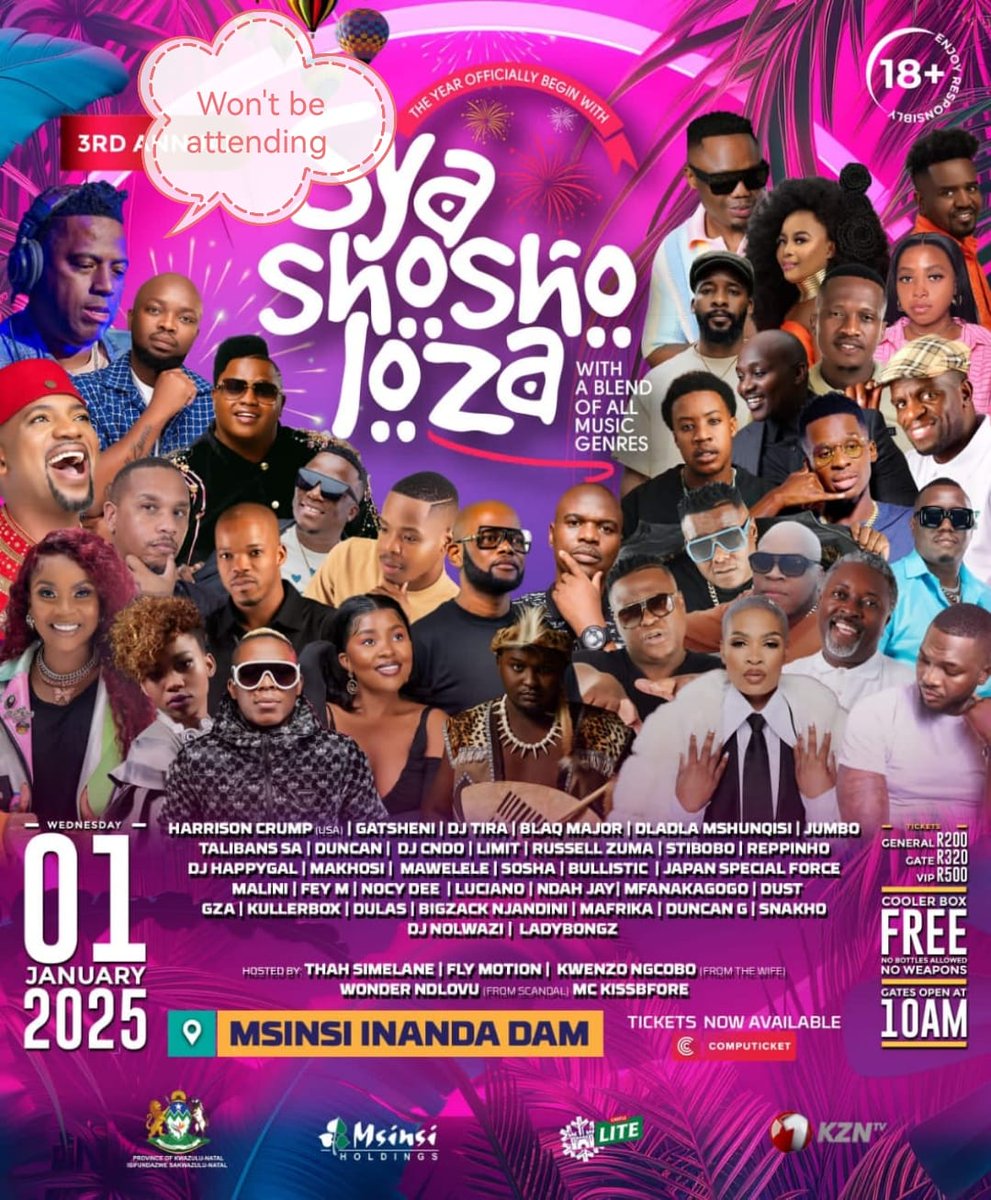 Due to non payment unfortunately I won't be performing at this event . My apologies to my fans 
<a href="/castlelitesa/">Castle Lite</a> 
<a href="/kzngov/">KZN Provincial Gov</a>