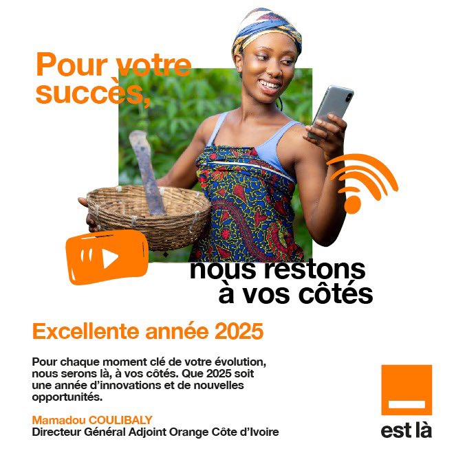✨ Excellente année 2025 ! ✨
Pour votre succès et à chaque moment clé de votre évolution, <a href="/CI_Orange/">@CI_Orange</a> sera là, à vos côtés. 
Que cette nouvelle année soit riche en innovations, en opportunités et en réussites partagées.
Bonne année !
#OrangeCI #BonneAnnée2025 #Innovation #Succès”